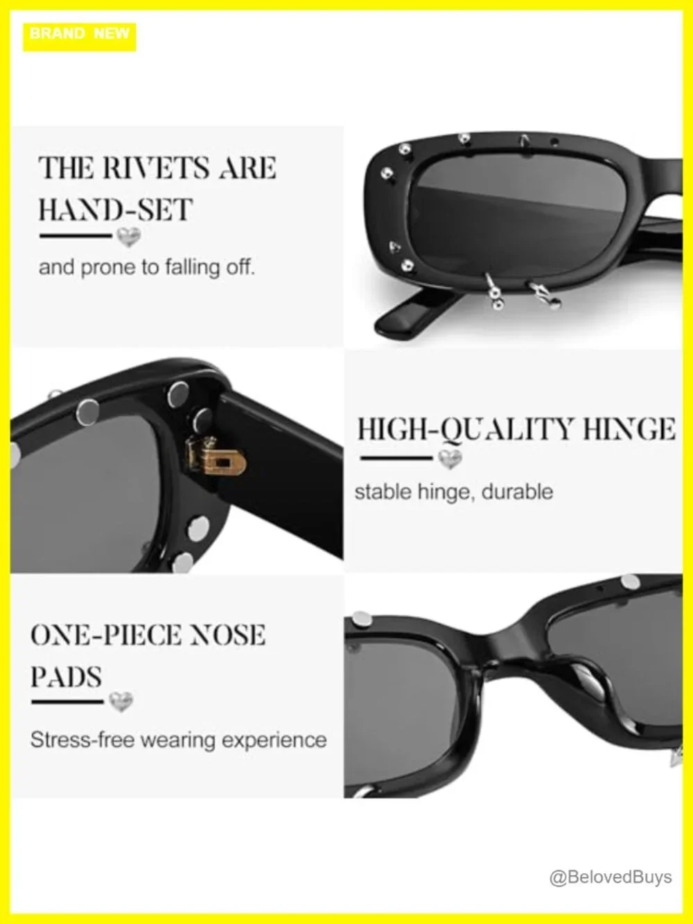 Studded Rectangle Sunglasses UV400 Non-Polarized Full-Frame Punk Y2K